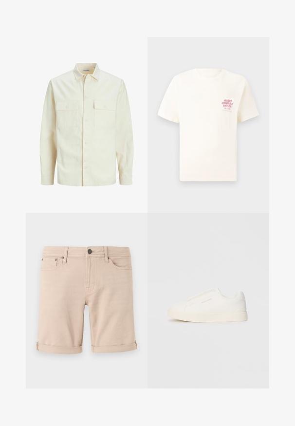 Lichtbeige langemouwen shirt met een kraaghalslijn, twee voorzakken, knoopsluiting en een gestructureerde stof.; Witte T-shirt met korte mouwen met rode tekst "Studio Originals Edition" op de linker borst, weergegeven op een neutrale grijze achtergrond.; Beige denim shorts met een rechte snit, met opgerolde mouwen, twee voorkanten en een klein achterzakje. Gemaakt van stevig materiaal.; Witte instap sneakers met een gestructureerd oppervlak, een dikke zool en een minimalistisch ontwerp. Bevat het merklogo aan de zijkant.