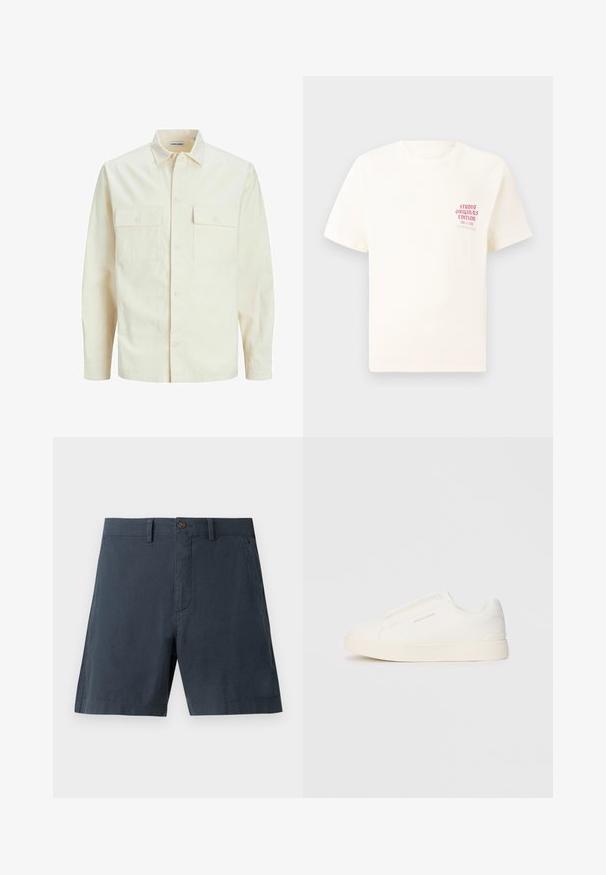 Light beige long-sleeve shirt with a collared neckline, two front pockets, button closure, and a textured fabric.; White short-sleeve T-shirt with red text "Studio Originals Edition" on left chest, displayed on a neutral gray background.; Navy blue shorts made of cotton blend fabric, featuring a button closure, side pockets, and a straight-leg design.; White slip-on sneakers with a textured surface, a thick sole, and minimalistic design. Features brand logo on the side.