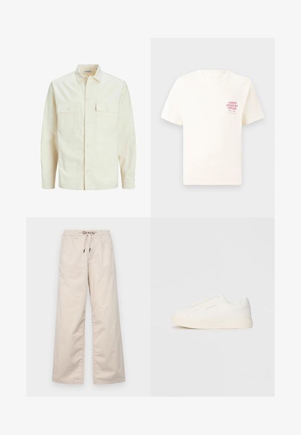 Svetlo béžová košeľa s dlhým rukávom, s golierom, dvoma prednými vreckami, zapínaním na gombíky a textúrovanou látkou.; Biele tričko s krátkym rukávom s červeným textom "Studio Originals Edition" na ľavej hrudi, zobrazené na neutrálnom šedom pozadí.; Svetlo béžové nohavice so širokými nohavicami, elastickým pásom a šnúrkou. Hladká bavlnená tkanina s dvoma prednými záhybmi a bez viditeľných vreciek.; Biele slip-on tenisky s textúrovaným povrchom, hrubou podrážkou a minimalistickým dizajnom. Obsahuje logo značky na boku.
