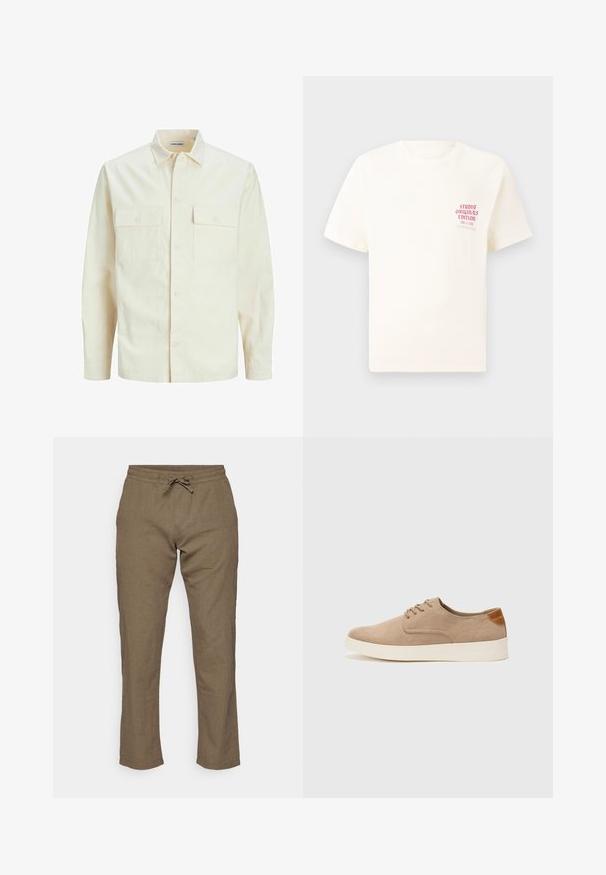 Svijetlo bež košulja dugih rukava s ovratnikom, dva prednja džepa, zatvaranje na dugmad i teksturirani materijal.; Bijela kratka majica s kratkim rukavima s crvenim natpisom "Studio Originals Edition" na lijevoj strani grudi, prikazana na neutralnoj sivoj pozadini.; Jack & Jones JPSTKANE SUMMER JOGGER - Hlače - dusty olive; Bež nubuk tenisice s okruglim vrhom, vezanjem sprijeda i teksturiranim stražnjim naglaskom. Bijela gumena potpetica pruža kontrast. Jednostavan i moderan dizajn.
