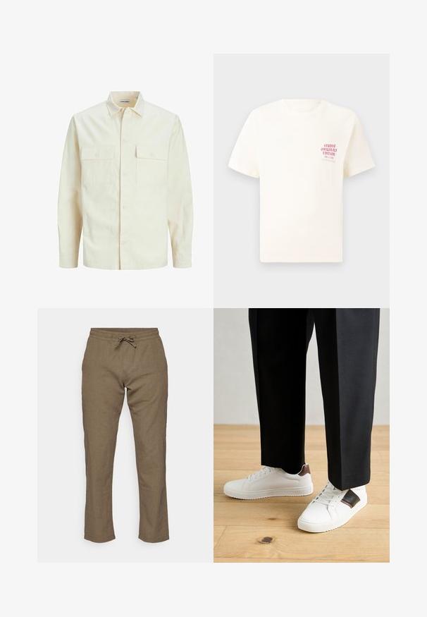 Camicia beige chiaro a maniche lunghe con colletto, due tasche frontali, chiusura a bottoni e un tessuto texturizzato.; T-shirt bianco a maniche corte con testo rosso "Studio Originals Edition" sul lato sinistro del petto, esposto su uno sfondo grigio neutro.; Jack & Jones JPSTKANE SUMMER JOGGER  - Pantaloni - dusty olive; Sneakers bianchi dalla texture liscia, con dettagli in pelle marrone e particolari neri, abbinati a pantaloni neri su misura. Sfondo in parquet.