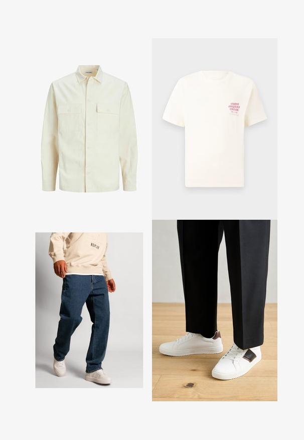 Gai bēšs garām piedurknēm krekls ar apkakles izgriezumu, divām priekšējām kabatām, pogu aizdari un teksturētu audumu.; Balts īsām piedurknēm T-krekls ar sarkanu tekstu "Studio Originals Edition" uz kreisā krūšu, pakārtots neitrālā pelēkā fonā.; Zilā džinsu bikses ar brīvu piegriezumu, ar standarta jostu un kontrastējošo šuvju, apvienotas ar off-white sneakers un gaiši bēša sporta krekla.; Baltā pārsoļa apavi ar gludu tekstūru, papildināti ar brūniem ādas akcentiem un melniem elementiem, savienoti ar melnām pielāgotām biksēm. Koka grīdas fons.