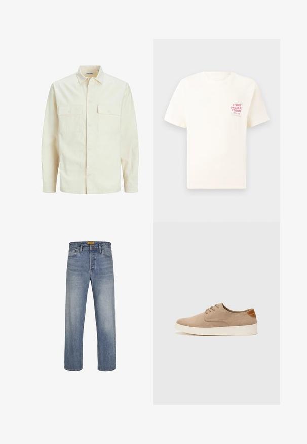 Světle béžová košile s dlouhým rukávem, límečkem, dvěma předními kapsami, zapínáním na knoflíky a strukturovanou tkaninou.; Bílý krátký rukávový tričko s červeným textem "Studio Originals Edition" na levé hrudi, vystavené na neutrálním šedém pozadí.; Svetle modré džíny rovného střihu vyrobené z denimu, s vybledlým vzhledem, designem pěti kapes, poutky na opasek a zipem s knoflíkovým zapínáním.; Béžové semišové tenisky s kulatou špičkou, šněrováním vpředu a texturovaným zadním akcentem. Bílá gumová podrážka poskytuje kontrast. Jednoduchý a moderní design.