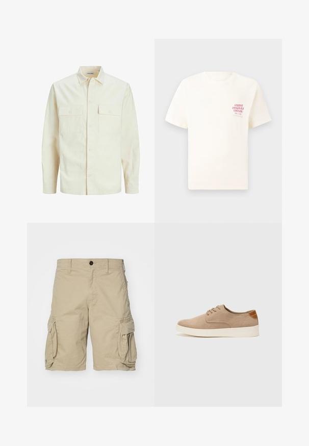 Gai bēšs garām piedurknēm krekls ar apkakles izgriezumu, divām priekšējām kabatām, pogu aizdari un teksturētu audumu.; Balts īsām piedurknēm T-krekls ar sarkanu tekstu "Studio Originals Edition" uz kreisā krūšu, pakārtots neitrālā pelēkā fonā.; Beige kravas šorti, izgatavoti no kokvilnas auduma, ar sānu kabatām, pogu aizdari un taisnu griezumu. Gluda tekstūra.; Beige zamšādas kedas ar noapaļotu purngala daļu, auklēm saplacinātu priekšpusi un teksturētu aizmugures akcentu. Balta gumijas zole nodrošina kontrastu. Vienkāršs un mūsdienīgs dizains.