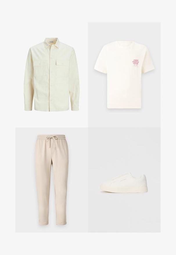 Cămașă lungă cu mâneci lungi de culoare bej deschis, cu guler, două buzunare frontale, închidere cu butoane și un material texturat.; Tricou alb cu mânecă scurtă, având text roșu "Studio Originals Edition" pe partea stângă a pieptului, expus pe un fundal gri neutru.; Pantaloni jogger bej cu un brâu elastic și șnur, echipați cu buzunare laterale și glezne conice. Textură netedă, design casual.; Tenisi albi slip-on cu o suprafață texturată, talpă groasă și un design minimalist. Prezintă logo-ul brandului pe lateral.
