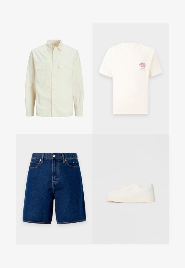 Kergedbež pika-särk pikkade varrukatega, krae ja kahe eespool asuva taskuga, nööpidega kinnitamine ja reljeefne materjal.; Valge lühikeste varrukatega T-särk, millel on vasakul rinnal punane tekst "Studio Originals Edition", esitatud neutraalsel hallil taustal.; Tumed sinised denim lühikesed püksid keskmise tõusuga, viie taskuga, vaskmetalli detailidega ja kontrastset oranži tikandiga.; Valged libisemiskindlad tossud tekstuuriga pinnaga, paksu tallaga ja minimalistikus disainis. Küljel on brändi logo.