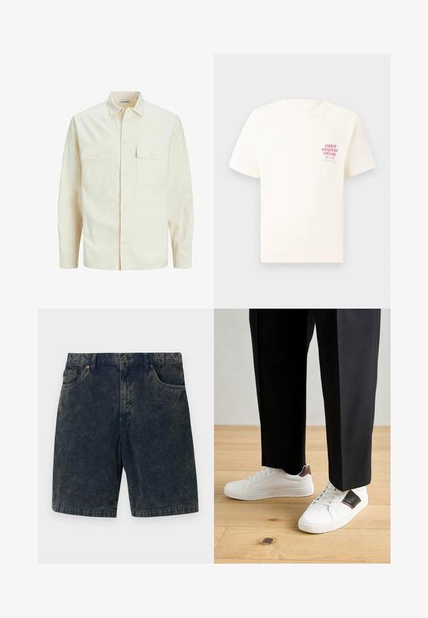 Svijetlo bež košulja dugih rukava s ovratnikom, dva prednja džepa, zatvaranje na dugmad i teksturirani materijal.; Bijela kratka majica s kratkim rukavima s crvenim natpisom "Studio Originals Edition" na lijevoj strani grudi, prikazana na neutralnoj sivoj pozadini.; Tamno plavi teksturni šorts s gumbom, dva prednja džepa i suptilnim svjetlijim prugama preko tkanine.; Bijele tenisice s glatkom teksturom, s smešnim kožnim detaljima i crnim naglascima, u kombinaciji s crnim krojenim hlačama. Pozadina od drvenog poda.
