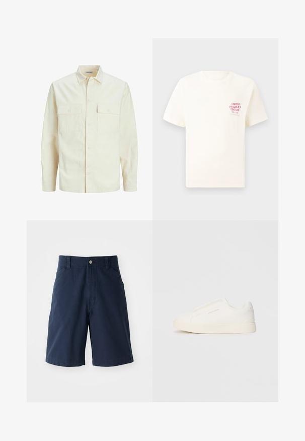 Világos bézs színű, hosszú ujjú ing, galléros nyakkal, két elülső zsebbel, gombos záródással és struktúrált anyaggal.; Fehér, rövid ujjú póló, bal mellen piros szöveggel "Studio Originals Edition", semleges szürke háttér előtt.; Tengerészkék pamut nadrág rövidnadrág lapos elülső résszel, két oldalsó zsebbel és egyetlen gombos rögzítéssel a deréknál. Klasszikus egyenes lábú fazon.; Fehér slip-on sportcipők texturált felülettel, vastag talppal és minimalista dizájnnal. Az oldalon a márka logója található.