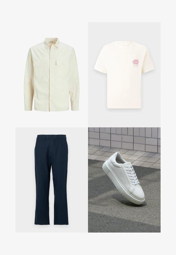 Chemise longue à manches longues beige clair avec un col, deux poches frontales, fermeture à boutons et un tissu texturé.; T-shirt blanc à manches courtes avec le texte rouge "Édition Originals du Studio" sur la poitrine gauche, présenté sur un fond gris neutre.; Pantalons en lin bleu marine au cut droit, avec fermeture à bouton et poches standard. Le tissu a une texture lisse et un minimum de détails.; Baskets en cuir blanc avec une surface lisse, bout rond et lacets plats blancs. Présentent une semelle en caoutchouc texturée et des éléments de design minimalistes.