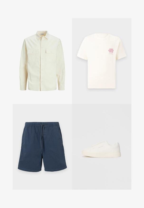 Camisa de manga larga color beige claro con cuello, dos bolsillos frontales, cierre de botones y una tela texturizada.; Camiseta blanca de manga corta con el texto rojo "Edición de Studio Originals" en el lado izquierdo del pecho, exhibida sobre un fondo gris neutro.; Shorts azul marino de algodón con cintura elástica y cordón. Presenta bolsillos laterales y un corte recto.; Zapatillas blancas tipo slip-on con una superficie texturizada, suela gruesa y diseño minimalista. Presenta el logo de la marca en un lado.