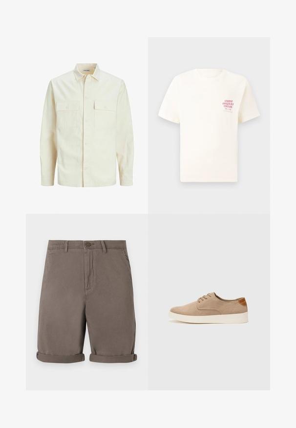 Light beige long-sleeve shirt with a collared neckline, two front pockets, button closure, and a textured fabric.; White short-sleeve T-shirt with red text "Studio Originals Edition" on left chest, displayed on a neutral gray background.; Brown cotton shorts with a straight cut, featuring a button closure and rolled cuffs. Smooth texture, no visible patterns or accents.; Beige suede sneakers with a rounded toe, lace-up front, and a textured back accent. White rubber sole provides contrast. Simple and modern design.
