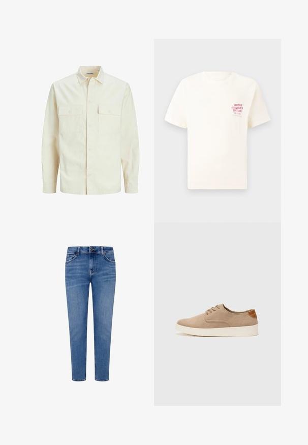 Camisa de manga larga color beige claro con cuello, dos bolsillos frontales, cierre de botones y una tela texturizada.; Camiseta blanca de manga corta con el texto rojo "Edición de Studio Originals" en el lado izquierdo del pecho, exhibida sobre un fondo gris neutro.; Jeans de mezclilla azul con un diseño de pierna recta, estilo de cinco bolsillos y cierre de botón. Presenta un lavado desgastado y detalles de costura sutiles.; Zapatillas de ante beige con puntera redondeada, cordones en la parte delantera y un acento texturizado en la parte trasera. La suela de goma blanca proporciona contraste. Diseño sencillo y moderno.