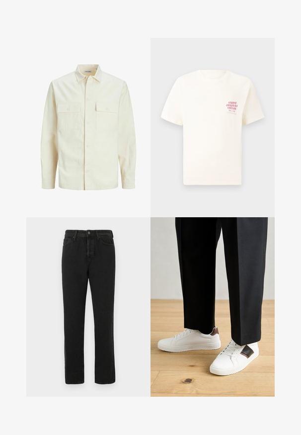 Šviesiai smėlio spalvos ilgomis rankovėmis marškiniai su apykakle, dviem priekinėmis kišenėmis, mygtukų uždarymu ir tekstūruota medžiaga.; Balta trumpa rankovėmis marškinėliai su raudonu užrašu "Studio Originals Edition" kairiajame krūtinės šone, rodomi neutralioje pilkoje aplinkoje.; Juodos tiesios kojelės džinsai su priekiniais mygtukais ir užtrauktuku, diržo kilputėmis ir penkių kišenių dizainu, pristatyti baltoje fone.; Balti sportbačiai su glotnia danga, puošti rudais odiniais akcentais ir juodais detalėmis, derinami su juodais pritaikytais kelnėmis. Medinių grindų fonas.