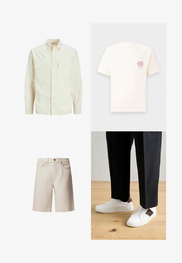 Šviesiai smėlio spalvos ilgomis rankovėmis marškiniai su apykakle, dviem priekinėmis kišenėmis, mygtukų uždarymu ir tekstūruota medžiaga.; Balta trumpa rankovėmis marškinėliai su raudonu užrašu "Studio Originals Edition" kairiajame krūtinės šone, rodomi neutralioje pilkoje aplinkoje.; Šviesiai rudos džinsinio audinio šortai su tiesiu kirpimu, penkios kišenės, viršutinis mygtukas ir diržo kilpos. Lygus paviršius su subtiliais siuvinėjimo elementais.; Balti sportbačiai su glotnia danga, puošti rudais odiniais akcentais ir juodais detalėmis, derinami su juodais pritaikytais kelnėmis. Medinių grindų fonas.