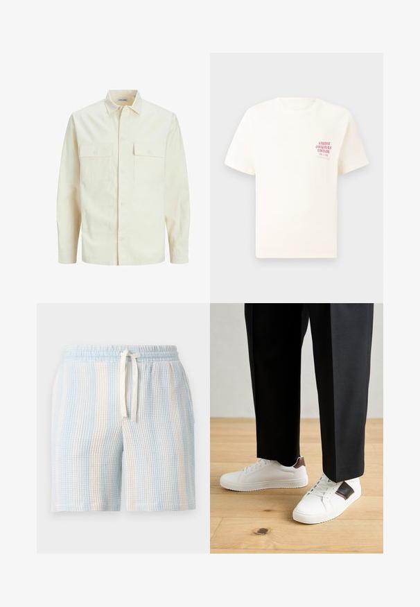 Svetlo bež srajca z dolgimi rokavi, ovratnim izrezom, dvema sprednjima žepoma, zapenjanjem na gumbe in teksturirano tkanino.; Bela majica s kratkimi rokavi z rdečim napisom "Studio Originals Edition" na levi strani prsnega koša, prikazana na nevtralnem sivo backgroundu.; Lahki, teksturirani šortsi z modro-belo črtasto vzorcem. Imajo elastičen pas in zapiranje na vrvico.; Beli športni copati z gladko teksturo, okrašeni z rjavimi usnjenimi detajli in črnimi poudarki, v kombinaciji s črnimi krojenimi hlačami. Ozadje iz lesenih tal.