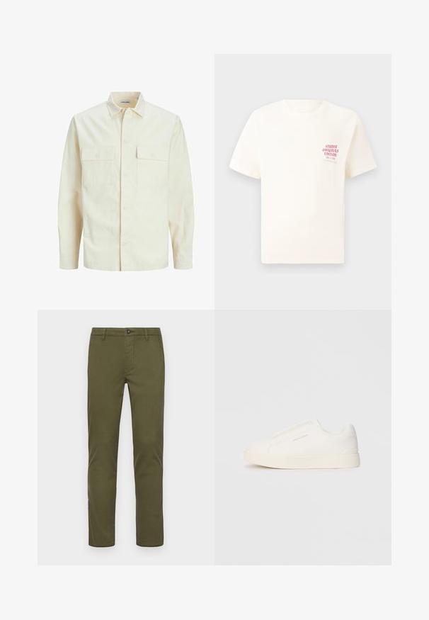 Light beige long-sleeve shirt with a collared neckline, two front pockets, button closure, and a textured fabric.; White short-sleeve T-shirt with red text "Studio Originals Edition" on left chest, displayed on a neutral gray background.; Olive green cotton chinos with a straight leg design, featuring a front button closure, side pockets, and clean hems.; White slip-on sneakers with a textured surface, a thick sole, and minimalistic design. Features brand logo on the side.
