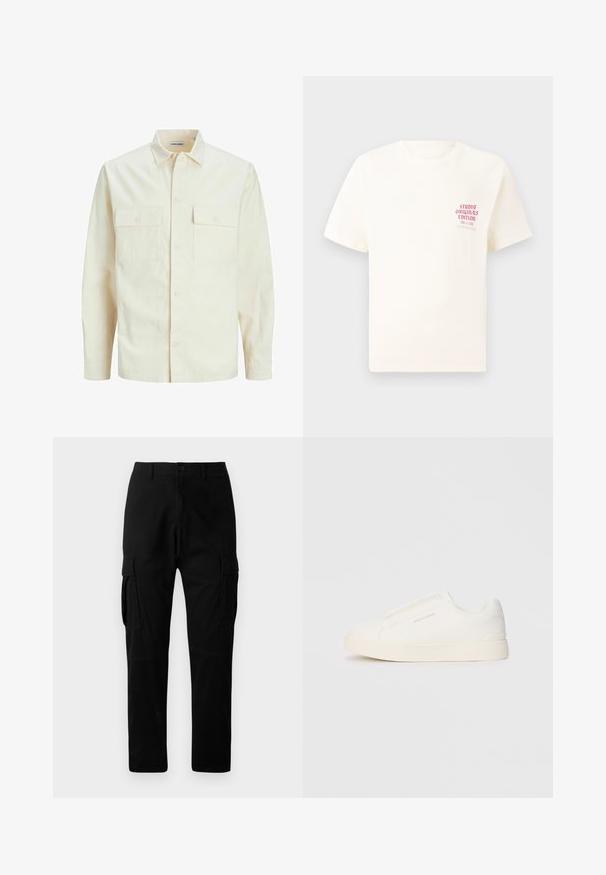 Lichtbeige langemouwen shirt met een kraaghalslijn, twee voorzakken, knoopsluiting en een gestructureerde stof.; Witte T-shirt met korte mouwen met rode tekst "Studio Originals Edition" op de linker borst, weergegeven op een neutrale grijze achtergrond.; Zwarte cargobroek met meerdere zijzakken, een recht model en een knoopsluiting, gemaakt van duurzaam katoen.; Witte instap sneakers met een gestructureerd oppervlak, een dikke zool en een minimalistisch ontwerp. Bevat het merklogo aan de zijkant.