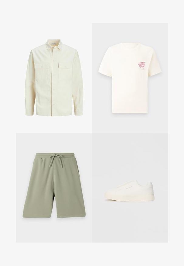 Svetlo béžová košeľa s dlhým rukávom, s golierom, dvoma prednými vreckami, zapínaním na gombíky a textúrovanou látkou.; Biele tričko s krátkym rukávom s červeným textom "Studio Originals Edition" na ľavej hrudi, zobrazené na neutrálnom šedom pozadí.; Svetlozelené šortky vyrobené z textúrovaného materiálu s elastickým pásom a šnúrkou na stiahnutie. Rovno strihaný a do dĺžky kolien.; Biele slip-on tenisky s textúrovaným povrchom, hrubou podrážkou a minimalistickým dizajnom. Obsahuje logo značky na boku.