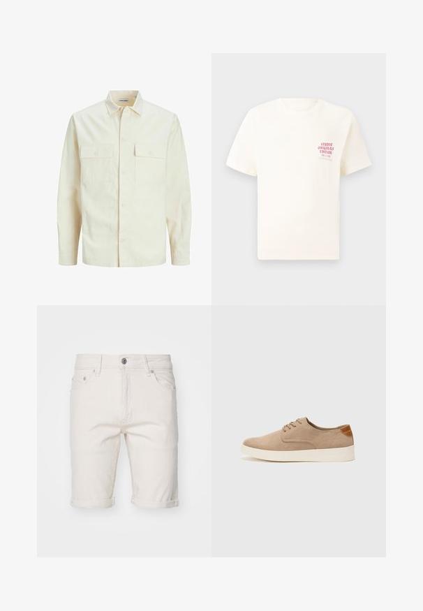 Cămașă lungă cu mâneci lungi de culoare bej deschis, cu guler, două buzunare frontale, închidere cu butoane și un material texturat.; Tricou alb cu mânecă scurtă, având text roșu "Studio Originals Edition" pe partea stângă a pieptului, expus pe un fundal gri neutru.; Șorturi din denim alb din bumbac, cu manșete rulate, având cinci buzunare, închidere cu nasture și o textură subtile.; Tenisi din suede bej cu vârf rotund, sistem de șireturi în față și un accent texturat în spate. Talpa albă din cauciuc oferă un contrast. Design simplu și modern.