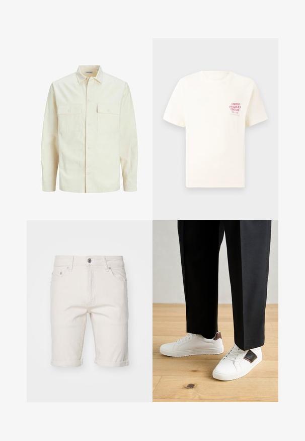 Gai bēšs garām piedurknēm krekls ar apkakles izgriezumu, divām priekšējām kabatām, pogu aizdari un teksturētu audumu.; Balts īsām piedurknēm T-krekls ar sarkanu tekstu "Studio Originals Edition" uz kreisā krūšu, pakārtots neitrālā pelēkā fonā.; Baltas kokvilnas denima šorti ar izmestajiem malām, pieci kabatas, pogu aizdare un viegla tekstūra.; Baltā pārsoļa apavi ar gludu tekstūru, papildināti ar brūniem ādas akcentiem un melniem elementiem, savienoti ar melnām pielāgotām biksēm. Koka grīdas fons.