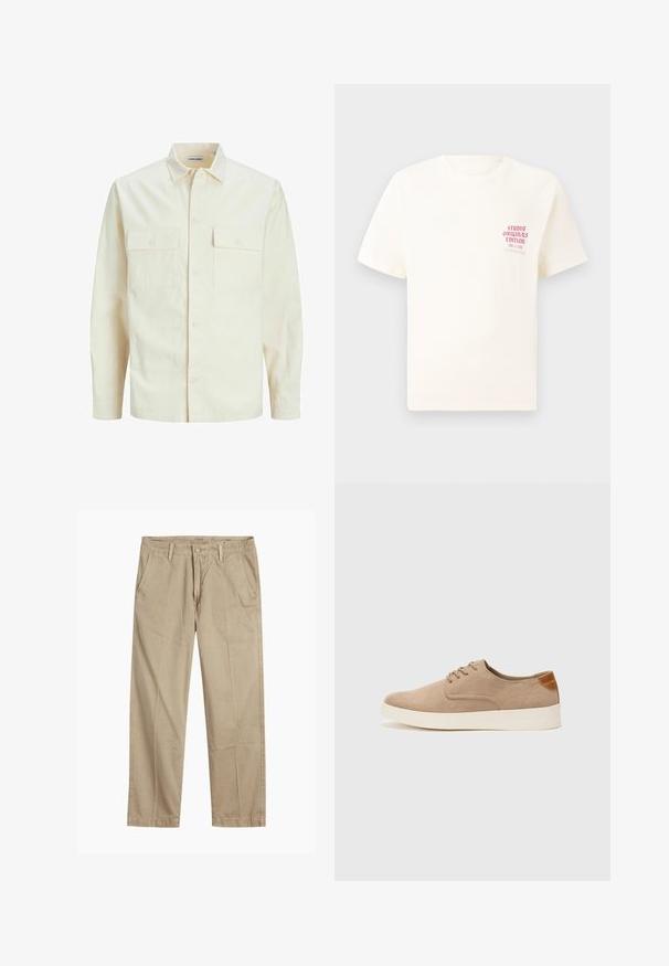 Camisa de manga larga color beige claro con cuello, dos bolsillos frontales, cierre de botones y una tela texturizada.; Camiseta blanca de manga corta con el texto rojo "Edición de Studio Originals" en el lado izquierdo del pecho, exhibida sobre un fondo gris neutro.; Chinos beige de pierna recta con trabillas para cinturón, cierre de botón y cremallera en la parte delantera, y bolsillos delanteros inclinados.; Zapatillas de ante beige con puntera redondeada, cordones en la parte delantera y un acento texturizado en la parte trasera. La suela de goma blanca proporciona contraste. Diseño sencillo y moderno.