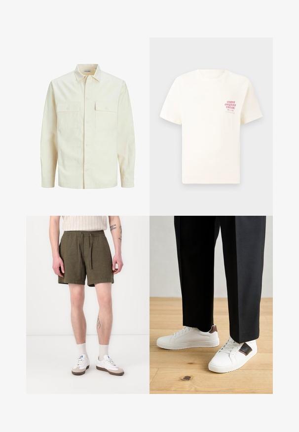 Gai bēšs garām piedurknēm krekls ar apkakles izgriezumu, divām priekšējām kabatām, pogu aizdari un teksturētu audumu.; Balts īsām piedurknēm T-krekls ar sarkanu tekstu "Studio Originals Edition" uz kreisā krūšu, pakārtots neitrālā pelēkā fonā.; Olīvu zaļi šorti ar elastīgu jostasvietu un auklu, kuriem ir sānu kabatas un taisns griezums, izgatavoti no viegla auduma.; Baltā pārsoļa apavi ar gludu tekstūru, papildināti ar brūniem ādas akcentiem un melniem elementiem, savienoti ar melnām pielāgotām biksēm. Koka grīdas fons.