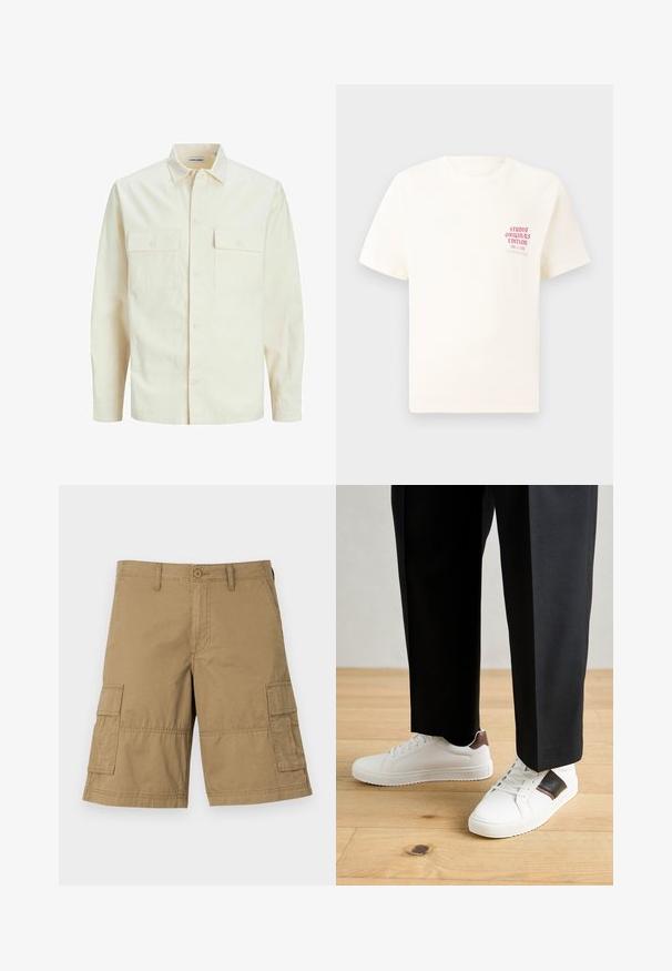 Camicia beige chiaro a maniche lunghe con colletto, due tasche frontali, chiusura a bottoni e un tessuto texturizzato.; T-shirt bianco a maniche corte con testo rosso "Studio Originals Edition" sul lato sinistro del petto, esposto su uno sfondo grigio neutro.; Shorts cargo in tessuto kaki con taglio dritto, dotati di due tasche laterali e chiusura con bottone in vita. Texture liscia in tutto il capo.; Sneakers bianchi dalla texture liscia, con dettagli in pelle marrone e particolari neri, abbinati a pantaloni neri su misura. Sfondo in parquet.