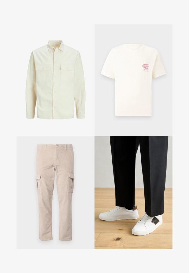 Jasno beżowa koszula z długim rękawem, z kołnierzykiem, dwoma kieszeniami z przodu, zapięciem na guziki i teksturowanym materiałem.; Biała koszulka z krótkim rękawem z czerwonym napisem "Studio Originals Edition" po lewej stronie klatki piersiowej, wyeksponowana na neutralnym szarym tle.; Beżowe spodnie cargo z kordurowego materiału, o prostym kroju, z bocznymi kieszeniami i teksturowanym wykończeniem. Zapięcie na guzik w talii.; Białe trampki o gładkiej fakturze, z brązowymi skórzanymi akcentami i czarnymi detalami, zestawione z czarnymi eleganckimi spodniami. Tło stanowi drewniana podłoga.