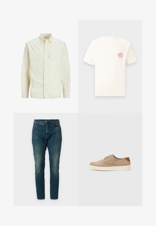 Világos bézs színű, hosszú ujjú ing, galléros nyakkal, két elülső zsebbel, gombos záródással és struktúrált anyaggal.; Fehér, rövid ujjú póló, bal mellen piros szöveggel "Studio Originals Edition", semleges szürke háttér előtt.; Sötétkék farmernadrág, slim fit szabással, cipzáros záródással, öt zsebes kialakítással, és enyhe kopott területekkel a lábakon a textúra érdekében.; Beige velúr sportcipő, kerek orral, fűzős elülső résszel és textúrált hátsó részlettel. Fehér gumitalp kontrasztot ad. Egyszerű és modern design.