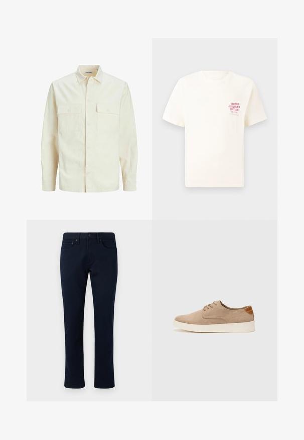 Cămașă lungă cu mâneci lungi de culoare bej deschis, cu guler, două buzunare frontale, închidere cu butoane și un material texturat.; Tricou alb cu mânecă scurtă, având text roșu "Studio Originals Edition" pe partea stângă a pieptului, expus pe un fundal gri neutru.; Pantaloni din denim bleumarin, cu croială slim, având un design clasic cu cinci buzunare și accente subtile de cusătură. Textură netedă și fără decorațiuni.; Tenisi din suede bej cu vârf rotund, sistem de șireturi în față și un accent texturat în spate. Talpa albă din cauciuc oferă un contrast. Design simplu și modern.