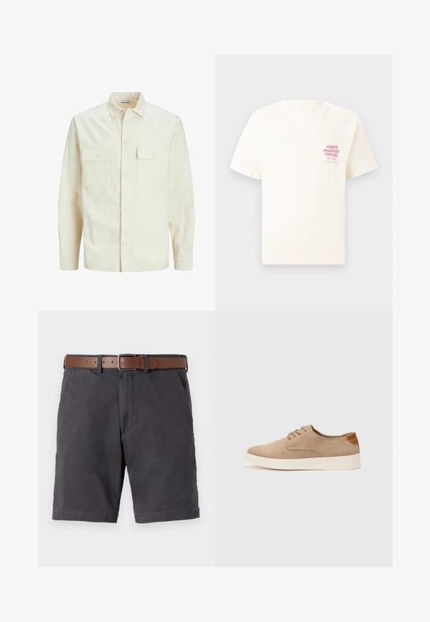 Vaaleanbeige pitkähihaisen paidan, jossa on kaulukset, kaksi etutaskua, nappikiinnitys ja tekstiilissä on tekstuuria.; Valkoinen lyhythihainen t-paita, jossa on punainen teksti "Studio Originals Edition" vasemmalla rinnalla, esitetty neutraalilla harmaalla taustalla.; Tummanharmaat puuvillashortsit, joissa on ruskea nahkavyö, etutaskut ja ommellut reunat.; Beige nubuck-lenkkarit, joissa on pyöreä kärki, nauhakiinnitys ja teksturoitu takaosa. Valkoinen kumipohja tuo kontrastia. Yksinkertainen ja moderni muotoilu.