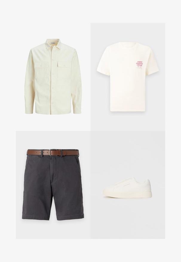 Ljusbeige långärmad skjorta med krage, två framfickor, knäppning och en texturerad tyg.; Vit kortärmad T-shirt med röd text "Studio Originals Edition" på vänster bröst, är uppställd på en neutral grå bakgrund.; Mörkgrå bomullsshorts med ett brunt läderbälte, framfickor och sydda fålldetaljer.; Vita slip-on sneakers med en texturerad yta, en tjock sula och minimalistisk design. Har varumärkeslogotypen på sidan.