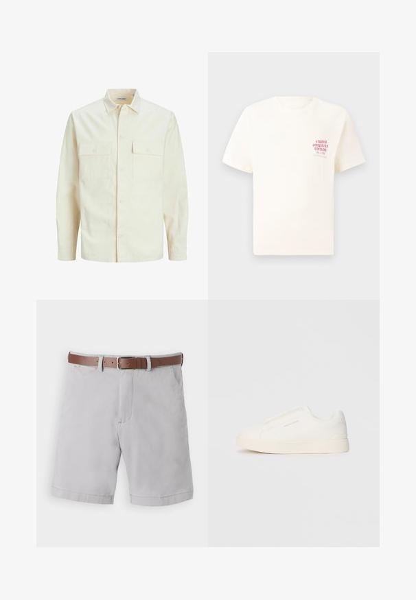 Svetlo béžová košeľa s dlhým rukávom, s golierom, dvoma prednými vreckami, zapínaním na gombíky a textúrovanou látkou.; Biele tričko s krátkym rukávom s červeným textom "Studio Originals Edition" na ľavej hrudi, zobrazené na neutrálnom šedom pozadí.; Svetlo šedé šortky vyrobené z bavlneného zmesi, s hnedým koženým opaskom, bočnými vreckami a voľným strihom.; Biele slip-on tenisky s textúrovaným povrchom, hrubou podrážkou a minimalistickým dizajnom. Obsahuje logo značky na boku.