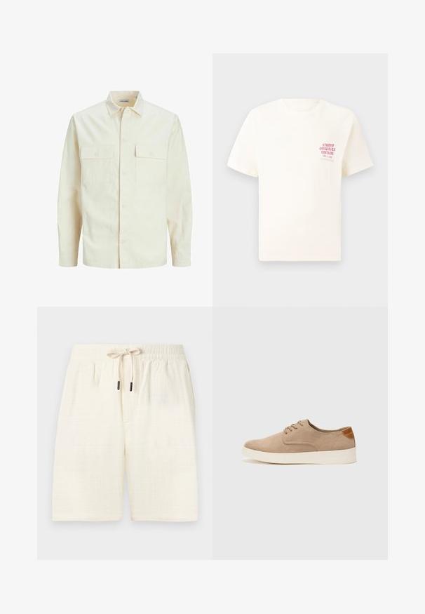 Lys beige langærmet skjorte med krave, to forlommer, knaplukning og et tekstureret stof.; Hvid kortermet T-shirt med rød tekst "Studio Originals Edition" på venstre bryst, vist på en neutral grå baggrund.; Cremefarvede shorts lavet af struktureret stof med en ternet mønster. Har en elastisk talje med snor og to sidelommer.; Beige ruskinds sneakers med rund tå, snørebånd foran og en struktureret rygdetalje. Hvid gummisål giver kontrast. Enkel og moderne design.