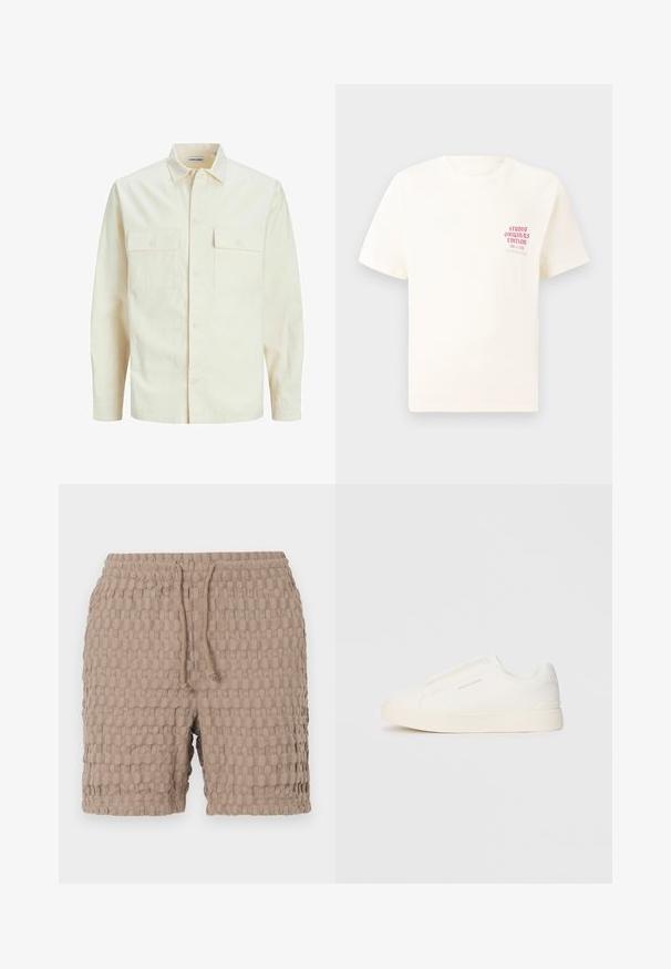 Chemise longue à manches longues beige clair avec un col, deux poches frontales, fermeture à boutons et un tissu texturé.; T-shirt blanc à manches courtes avec le texte rouge "Édition Originals du Studio" sur la poitrine gauche, présenté sur un fond gris neutre.; Shorts beiges en tissu texturé avec un motif à carreaux, dotés d'une taille élastique et d'un cordon de serrage pour un ajustement réglable.; Baskets blanches sans lacets avec une surface texturée, une semelle épaisse et un design minimaliste. Présente le logo de la marque sur le côté.