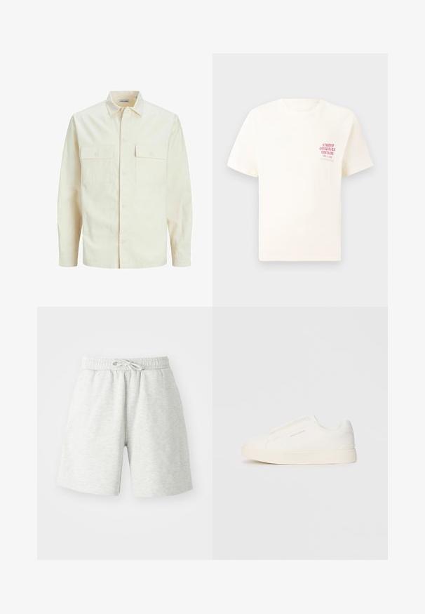 Gai bēšs garām piedurknēm krekls ar apkakles izgriezumu, divām priekšējām kabatām, pogu aizdari un teksturētu audumu.; Balts īsām piedurknēm T-krekls ar sarkanu tekstu "Studio Originals Edition" uz kreisā krūšu, pakārtots neitrālā pelēkā fonā.; Gaiši pelēki kokvilnas šorti ar elastīgu jostasvietu, ar auklas detaļu un sānu kabatām. Mīksta tekstūra, līdz ceļiem garš dizains.; Baltas slip-on sporta apavi ar teksturētu virsmu, biezu zoli un minimālistisku dizainu. Sānos redzams zīmola logotips.