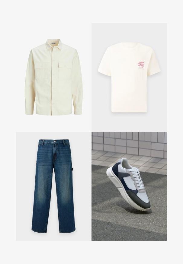 Šviesiai smėlio spalvos ilgomis rankovėmis marškiniai su apykakle, dviem priekinėmis kišenėmis, mygtukų uždarymu ir tekstūruota medžiaga.; Balta trumpa rankovėmis marškinėliai su raudonu užrašu "Studio Originals Edition" kairiajame krūtinės šone, rodomi neutralioje pilkoje aplinkoje.; Plati mėlynos džinsinės kelnes su išblukusiomis detalėmis, turinčios tradicinį mygtuką ir užtrauktuką, o kairėje pusėje yra šoninė kišenė.; Baltos, tamsiai mėlynos ir pilkos sportbačiai su mišriomis medžiagomis, turintys tekstūruotą viršutinę dalį, plokščius raištelius ir paminkštintą pado dalį.