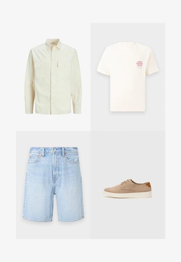 Svetlo bež srajca z dolgimi rokavi, ovratnim izrezom, dvema sprednjima žepoma, zapenjanjem na gumbe in teksturirano tkanino.; Bela majica s kratkimi rokavi z rdečim napisom "Studio Originals Edition" na levi strani prsnega koša, prikazana na nevtralnem sivo backgroundu.; Svetlo modri jeans kratke hlače s klasičnim krojem, ki imajo pet žepov, razmršen rob in kontrastno šivanje.; Bež tkanine usnjene superge z zaobljenim nosom, vezalkami na sprednji strani in teksturiranim zadnjim detajlom. Belo gumijasto podplato zagotavlja kontrast. Enostaven in sodoben dizajn.