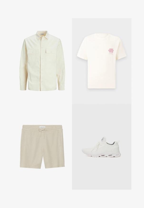 Chemise longue à manches longues beige clair avec un col, deux poches frontales, fermeture à boutons et un tissu texturé.; T-shirt blanc à manches courtes avec le texte rouge "Édition Originals du Studio" sur la poitrine gauche, présenté sur un fond gris neutre.; Shorts de couleur khaki en tissu doux, dotés d'une taille à cordon de serrage, de deux poches latérales et d'une coupe décontractée.; Baskets blanches de sport avec un dessus en maille texturée, des lacets plats et une semelle rembourrée avec des chambres à air visibles pour un soutien supplémentaire.