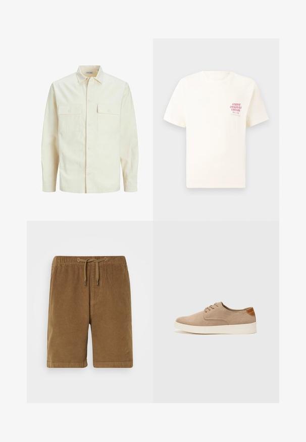Cămașă lungă cu mâneci lungi de culoare bej deschis, cu guler, două buzunare frontale, închidere cu butoane și un material texturat.; Tricou alb cu mânecă scurtă, având text roșu "Studio Originals Edition" pe partea stângă a pieptului, expus pe un fundal gri neutru.; Pantaloni scurți din catifea groasă, de culoare maro, cu talie elastică și șnur, având o croială dreaptă și margini răsărite. Design simplu, țesătură texturată.; Tenisi din suede bej cu vârf rotund, sistem de șireturi în față și un accent texturat în spate. Talpa albă din cauciuc oferă un contrast. Design simplu și modern.