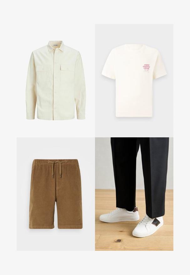 Svetlo bež srajca z dolgimi rokavi, ovratnim izrezom, dvema sprednjima žepoma, zapenjanjem na gumbe in teksturirano tkanino.; Bela majica s kratkimi rokavi z rdečim napisom "Studio Originals Edition" na levi strani prsnega koša, prikazana na nevtralnem sivo backgroundu.; Rjavi korduroj kratki hlače z elastičnim pasom in vrvico, s preprosto krojem in zavihanimi robovi. Preprost dizajn, teksturirana tkanina.; Beli športni copati z gladko teksturo, okrašeni z rjavimi usnjenimi detajli in črnimi poudarki, v kombinaciji s črnimi krojenimi hlačami. Ozadje iz lesenih tal.