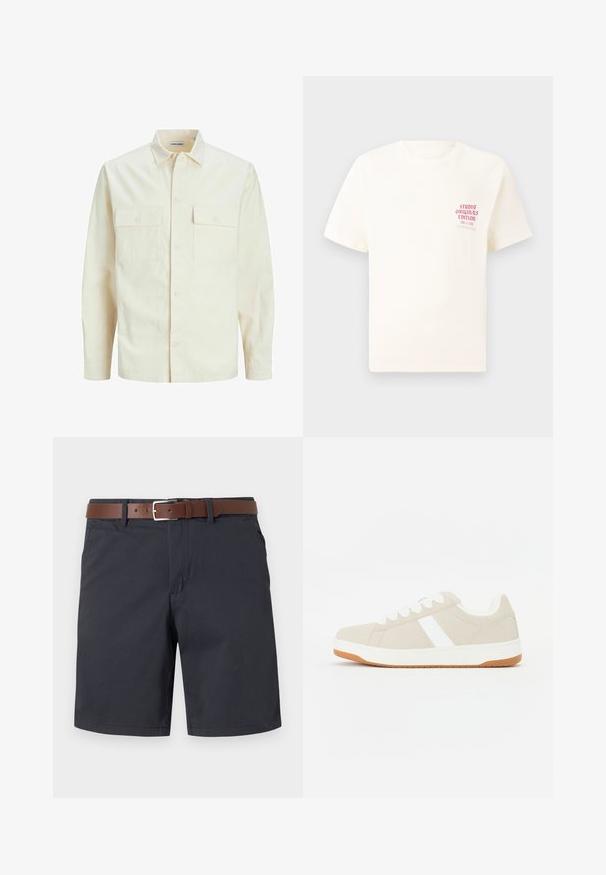 Kergedbež pika-särk pikkade varrukatega, krae ja kahe eespool asuva taskuga, nööpidega kinnitamine ja reljeefne materjal.; Valge lühikeste varrukatega T-särk, millel on vasakul rinnal punane tekst "Studio Originals Edition", esitatud neutraalsel hallil taustal.; Tumedat meresinised lühikesed püksid tekstuuriga kangast, millel on pruun nahkrihm. Klassikaline lõige, millel on kaks küljetaskut ja lihtne ääre. ; Beežid tossud valgete aktsentidega, sametise tekstuuriga, ümar kuju, nööritav disain ning kontrastse kummist tallaga.