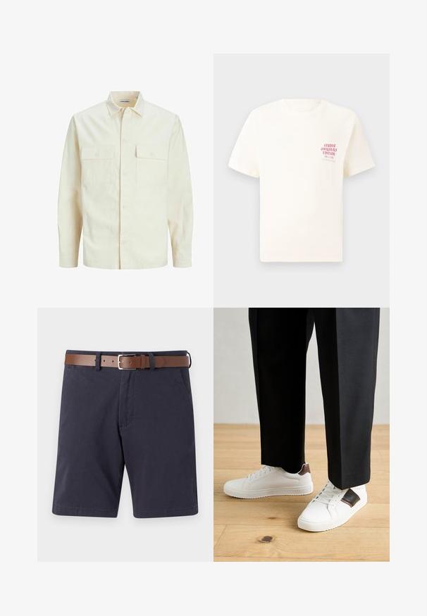 Camisa de manga larga color beige claro con cuello, dos bolsillos frontales, cierre de botones y una tela texturizada.; Camiseta blanca de manga corta con el texto rojo "Edición de Studio Originals" en el lado izquierdo del pecho, exhibida sobre un fondo gris neutro.; Pantalones cortos azul marino de algodón con un cinturón de cuero marrón. Presenta dos bolsillos delanteros, un corte recto y una textura suave.; Zapatillas blancas con textura suave, con acentos de cuero marrón y detalles en negro, combinadas con pantalones negros ajustados. Fondo de suelo de madera.