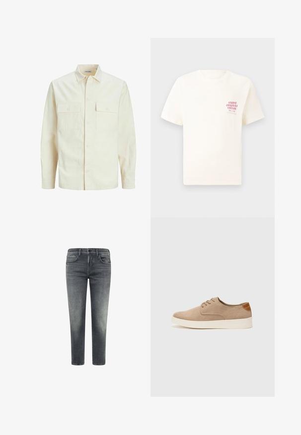 Gai bēšs garām piedurknēm krekls ar apkakles izgriezumu, divām priekšējām kabatām, pogu aizdari un teksturētu audumu.; Balts īsām piedurknēm T-krekls ar sarkanu tekstu "Studio Originals Edition" uz kreisā krūšu, pakārtots neitrālā pelēkā fonā.; Pelēki zila džinsu bikses ar taisnu griezumu; tajās ir piecas kabatas, smalks nodilums un izbalējies apdare. Aizdare ietver pogu un rāvējslēdzēju.; Beige zamšādas kedas ar noapaļotu purngala daļu, auklēm saplacinātu priekšpusi un teksturētu aizmugures akcentu. Balta gumijas zole nodrošina kontrastu. Vienkāršs un mūsdienīgs dizains.