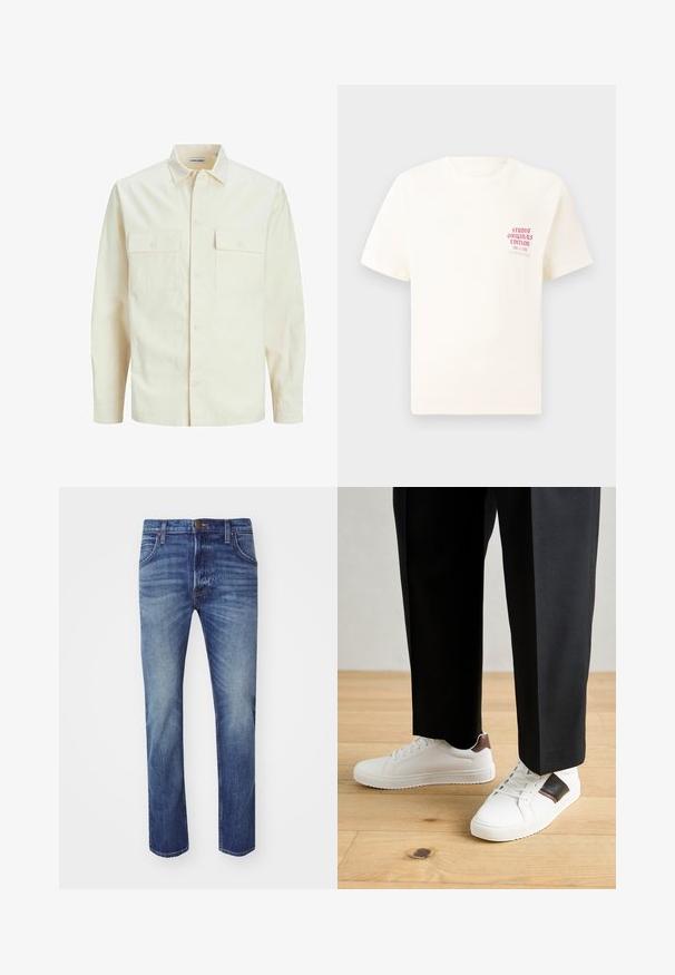 Svijetlo bež košulja dugih rukava s ovratnikom, dva prednja džepa, zatvaranje na dugmad i teksturirani materijal.; Bijela kratka majica s kratkim rukavima s crvenim natpisom "Studio Originals Edition" na lijevoj strani grudi, prikazana na neutralnoj sivoj pozadini.; Muške plave traperice s ravnim krojem, izblijedjelom teksturom, dizajnom s pet džepova i metalnim gumbom za zatvaranje.; Bijele tenisice s glatkom teksturom, s smešnim kožnim detaljima i crnim naglascima, u kombinaciji s crnim krojenim hlačama. Pozadina od drvenog poda.