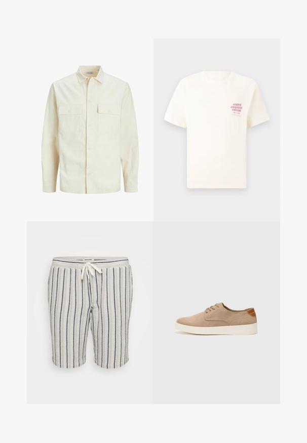 Ljusbeige långärmad skjorta med krage, två framfickor, knäppning och en texturerad tyg.; Vit kortärmad T-shirt med röd text "Studio Originals Edition" på vänster bröst, är uppställd på en neutral grå bakgrund.; Shorts i linneblandning med vertikala kolgrå och krämfärgade ränder, med en elastisk midja och snörning, samt längd ovanför knäna.; Beige mockasinsneakers med rund tå, snörning fram och texturerad bakaxel. Vit gummisula ger kontrast. Enkelt och modernt design.