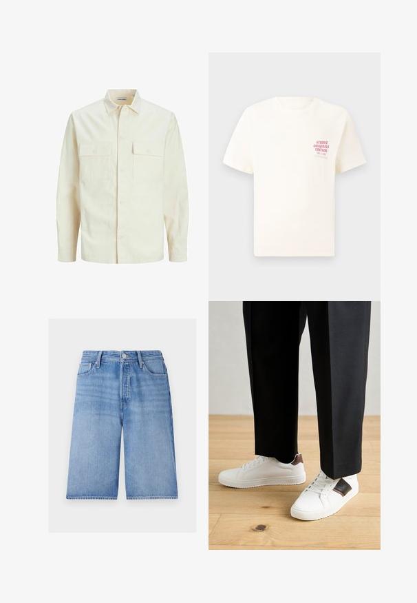 Chemise longue à manches longues beige clair avec un col, deux poches frontales, fermeture à boutons et un tissu texturé.; T-shirt blanc à manches courtes avec le texte rouge "Édition Originals du Studio" sur la poitrine gauche, présenté sur un fond gris neutre.; Shorts en denim bleu clair avec une coupe ample, dotés d'une fermeture éclair, d'un bouton, de cinq poches et d'une texture légèrement décolorée.; Des sneakers blanches au texture lisse, avec des accents en cuir marron et des détails noirs, assorties à un pantalon noir ajusté. Fond en parquet.