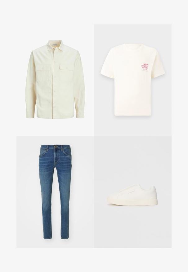 Chemise longue à manches longues beige clair avec un col, deux poches frontales, fermeture à boutons et un tissu texturé.; T-shirt blanc à manches courtes avec le texte rouge "Édition Originals du Studio" sur la poitrine gauche, présenté sur un fond gris neutre.; Jeans en denim bleu clair avec une coupe slim, design à cinq poches, et un léger délavage sur le devant. Bouton métallique et fermeture éclair.; Baskets blanches sans lacets avec une surface texturée, une semelle épaisse et un design minimaliste. Présente le logo de la marque sur le côté.