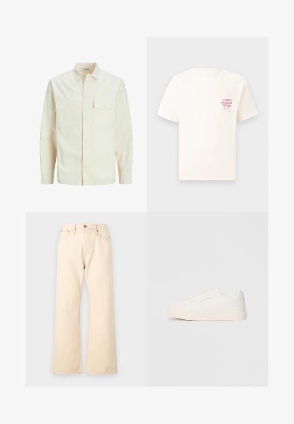 Svetlo bež srajca z dolgimi rokavi, ovratnim izrezom, dvema sprednjima žepoma, zapenjanjem na gumbe in teksturirano tkanino.; Bela majica s kratkimi rokavi z rdečim napisom "Studio Originals Edition" na levi strani prsnega koša, prikazana na nevtralnem sivo backgroundu.; Bež traper hlače s visokim strukom in širokimi nogavicami, vsebujejo sprednje zapiranje z gumbom in dve zadnji žep.; Bele zapete brez vezalk z teksturirano površino, debelim podplatom in minimalističnim dizajnom. Na strani se nahaja logotip blagovne znamke.