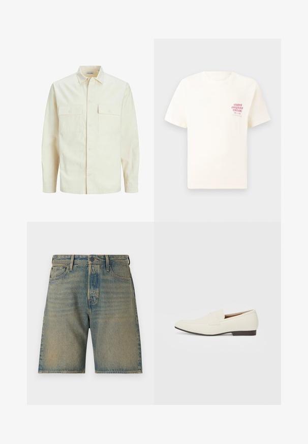 Gai bēšs garām piedurknēm krekls ar apkakles izgriezumu, divām priekšējām kabatām, pogu aizdari un teksturētu audumu.; Balts īsām piedurknēm T-krekls ar sarkanu tekstu "Studio Originals Edition" uz kreisā krūšu, pakārtots neitrālā pelēkā fonā.; Gaišzilā džinsu šorti ar nolietotu apdari. Ietilpst piecas kabatas, rāvējslēdzēja aizdare, pogas aizdare un izturīgs šuvums gar malām.; Gai bēša kurpes ar smailu pirkstu, gludu materiālu, siksnu pāri pēdas daļai un zemu brūnu zoli. Vienkāršs dizains ar minimāliem akcentiem.